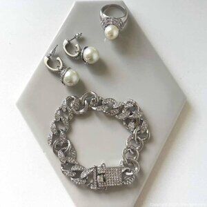 STUNNING COSTUME FAUX PAVE CRYSTALS AND PEARLS SET (EARRINGS, RING, BRACELET)